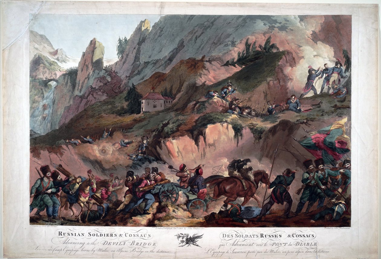 I 1799 kjempet Napoleons tropper på Djevelens bro mot russerne kommandert av general Souvarov - Russian Army Crossing the Devil