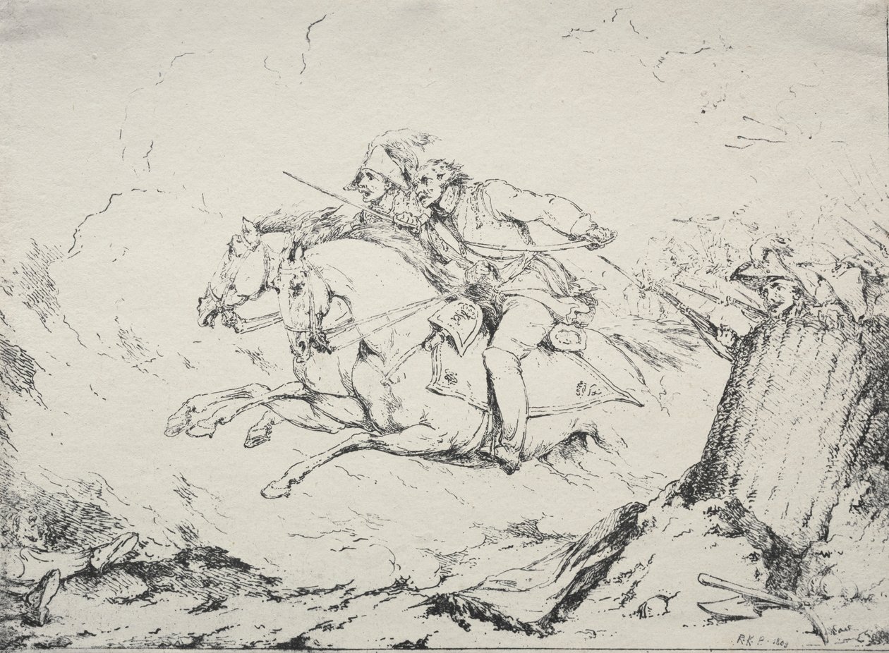 Prøver av polyautografi: Cavalry Charge, 1803. av Robert Kerr Porter