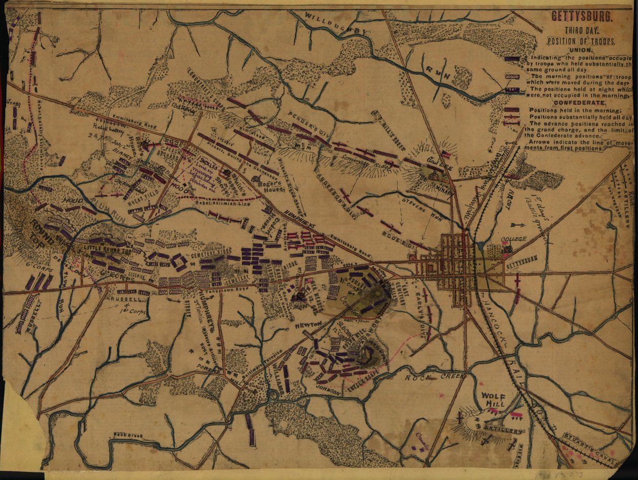 Gettysburg tredje dag. Posisjon av tropper av Robert Knox Sneden