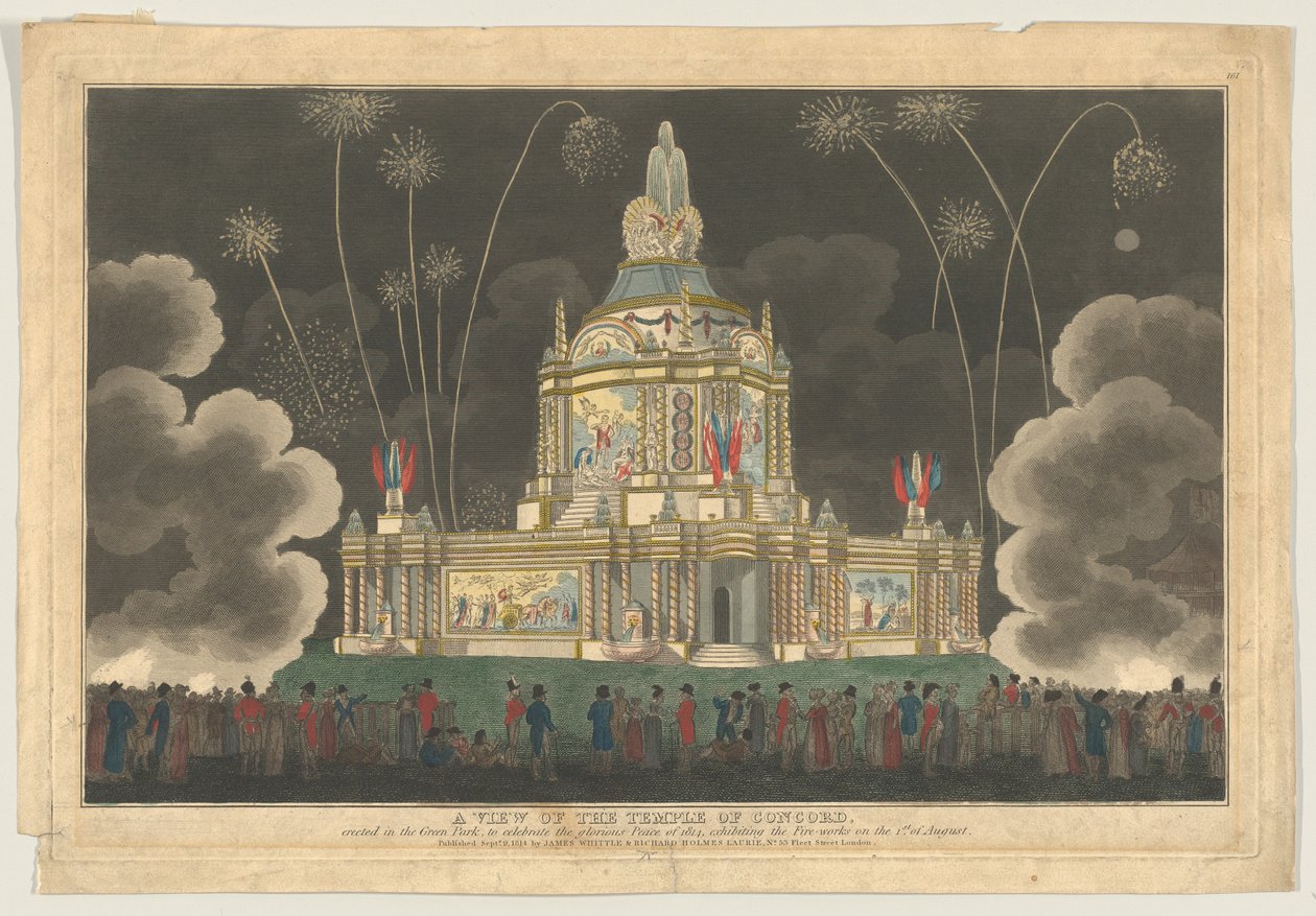 En utsikt over Temple of Concord reist i Green Park, for å feire G..., 9. september 1814. av Robert Laurie