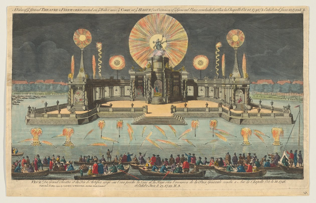 A View of ye Grand Theatre & Fireworks reist på ye Water near ye Court at ye Hague den O..., 1794. av Robert Laurie