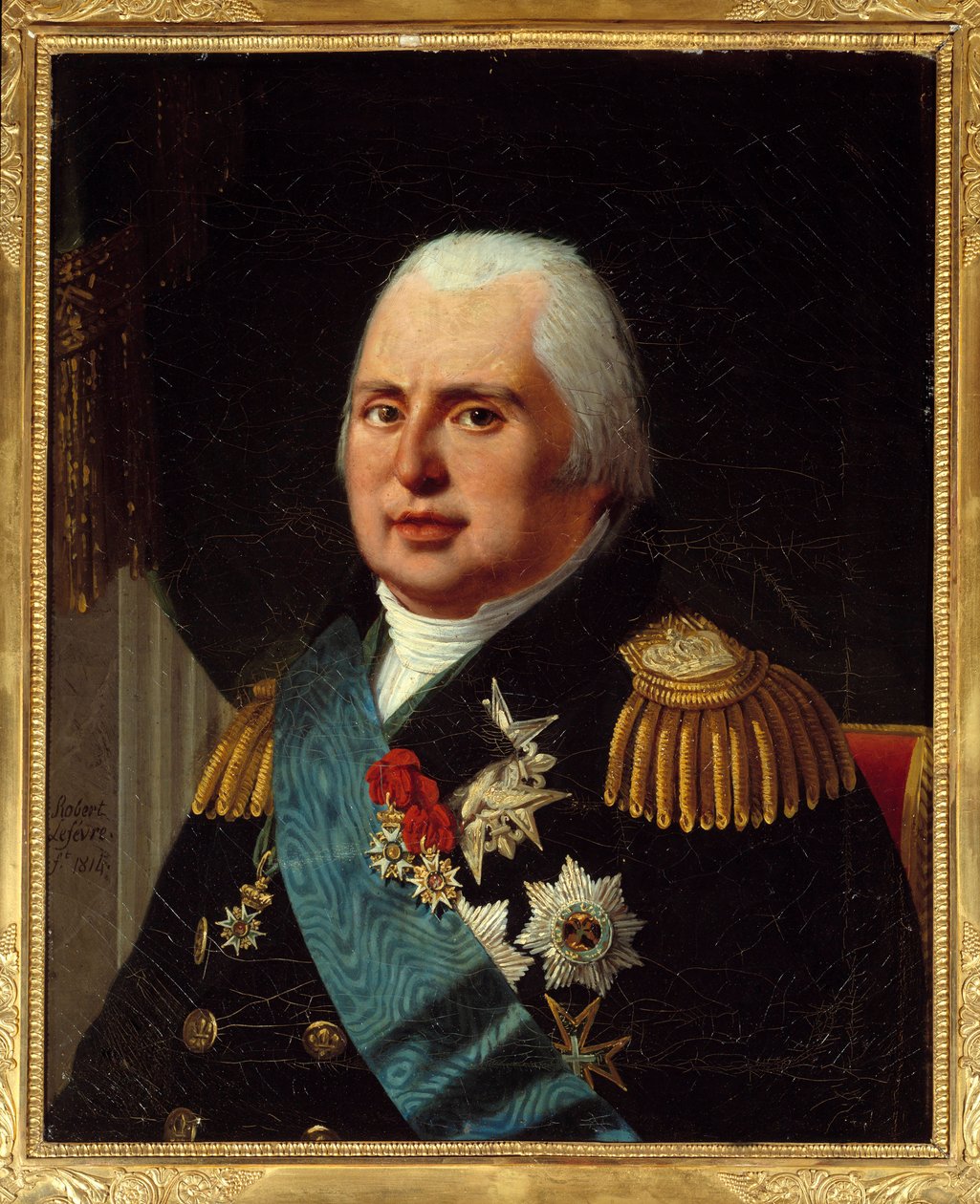 Portrett av Ludvig XVIII (1755-1824), konge av Frankrike, i militæruniform med Æreslegionen og Den Hellige Ånds Orden. Maleri av Robert Lefebvre (1755-1830) 1814 Søn. 0,73x0,6 m Paris, musee Carnavalet - Portrett av Louis XVIII av Robert Lefevre