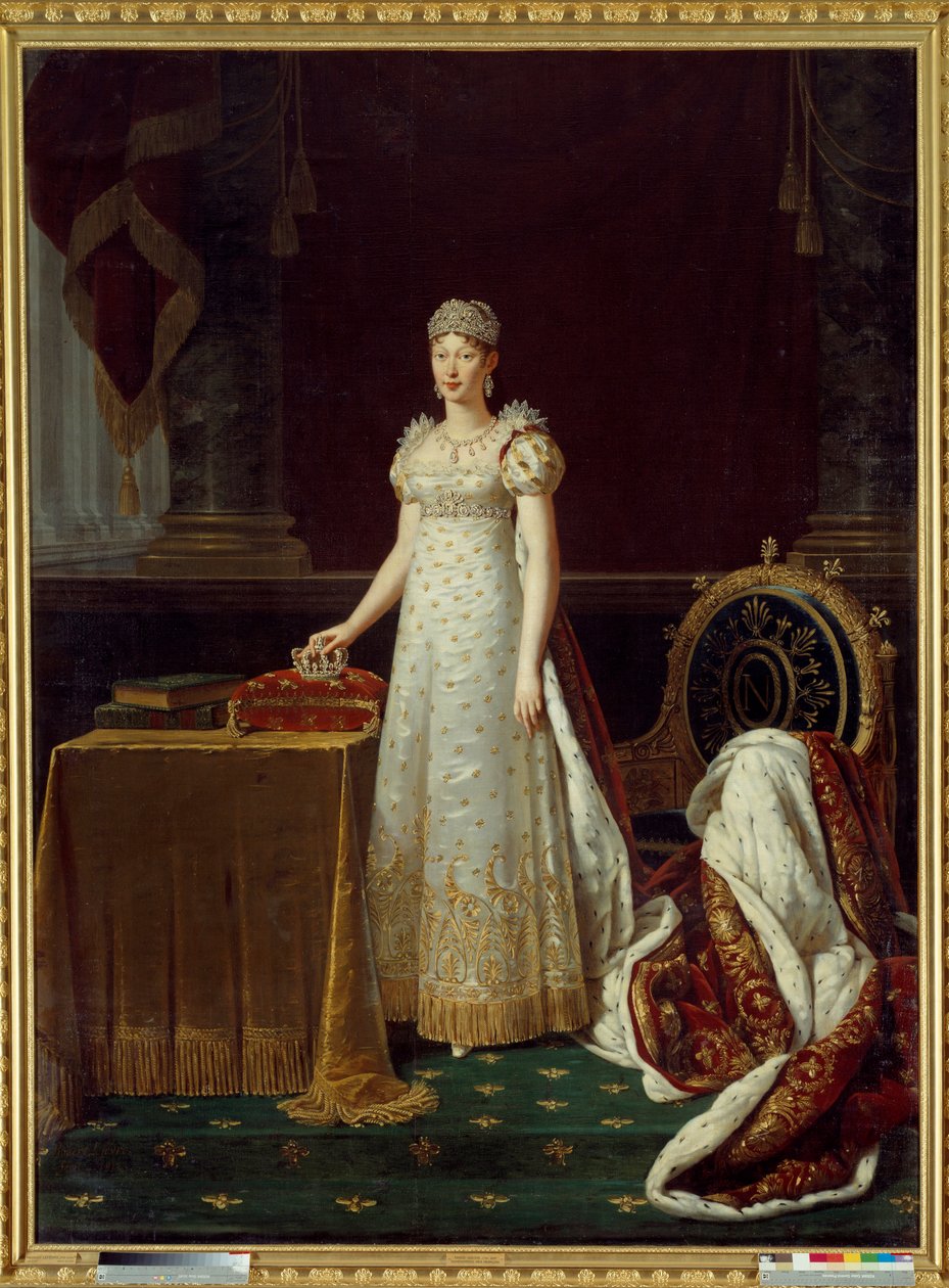 Portrett av impress Marie Louise av Østerrike (Marie-Louise) (1791-1847), kone til Napoleon I, representerte Regente of the Empire og iført et Chaumet diamantsett donert av Napoleon i 1812 - Bak henne, en lenestol i Empire-stil dekorert Napoleons "N" av Robert Lefevre