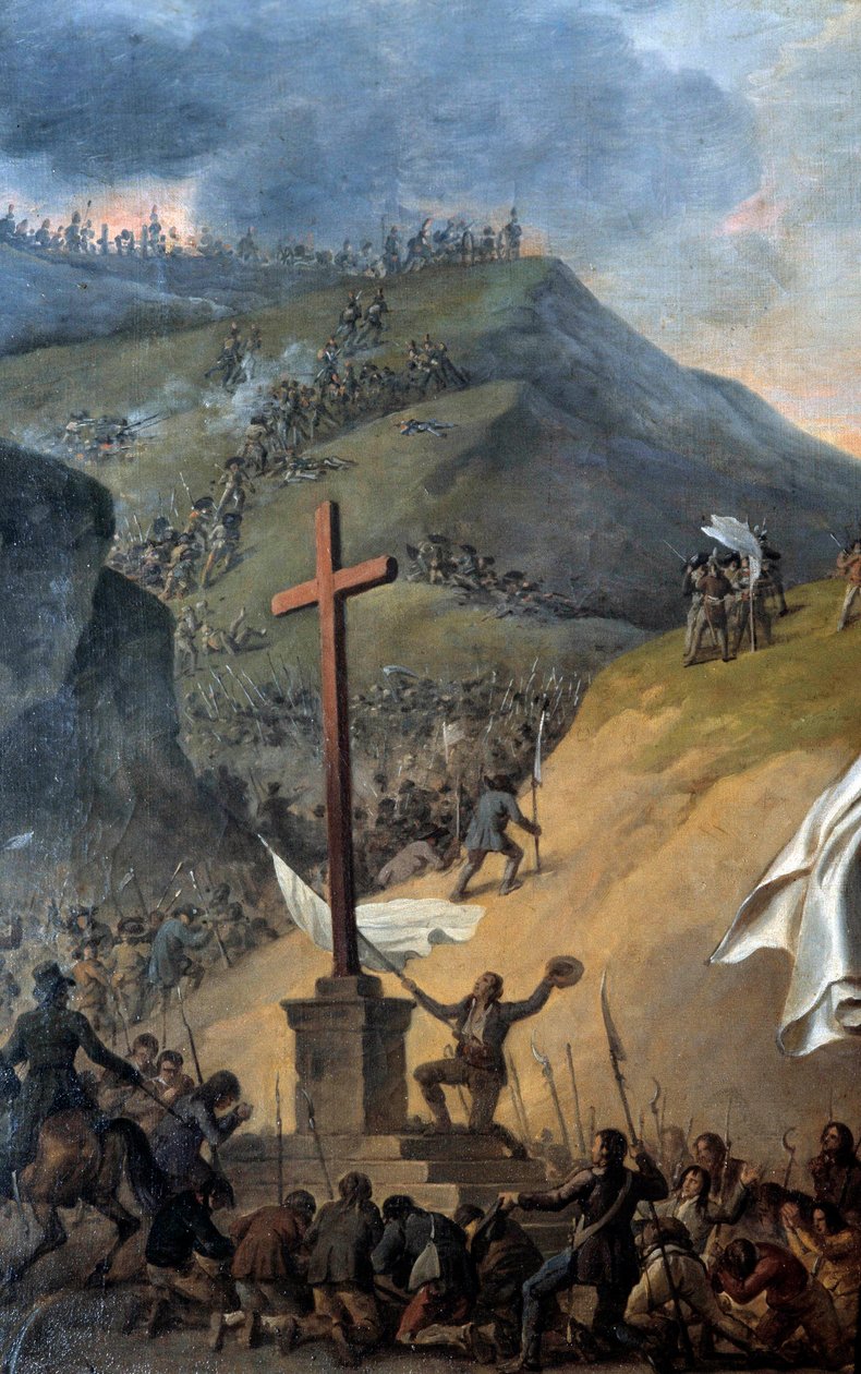 Wars of Vendee (1793-1796): "" The Chouans ved foten av Golgata før slaget"" Detalj av "" Portrett av Louis Marie de Sagères, Marquis de Lescure (1766-1793)"" Maleri av Robert Lefevre (1755) - 1830) av Robert Lefevre