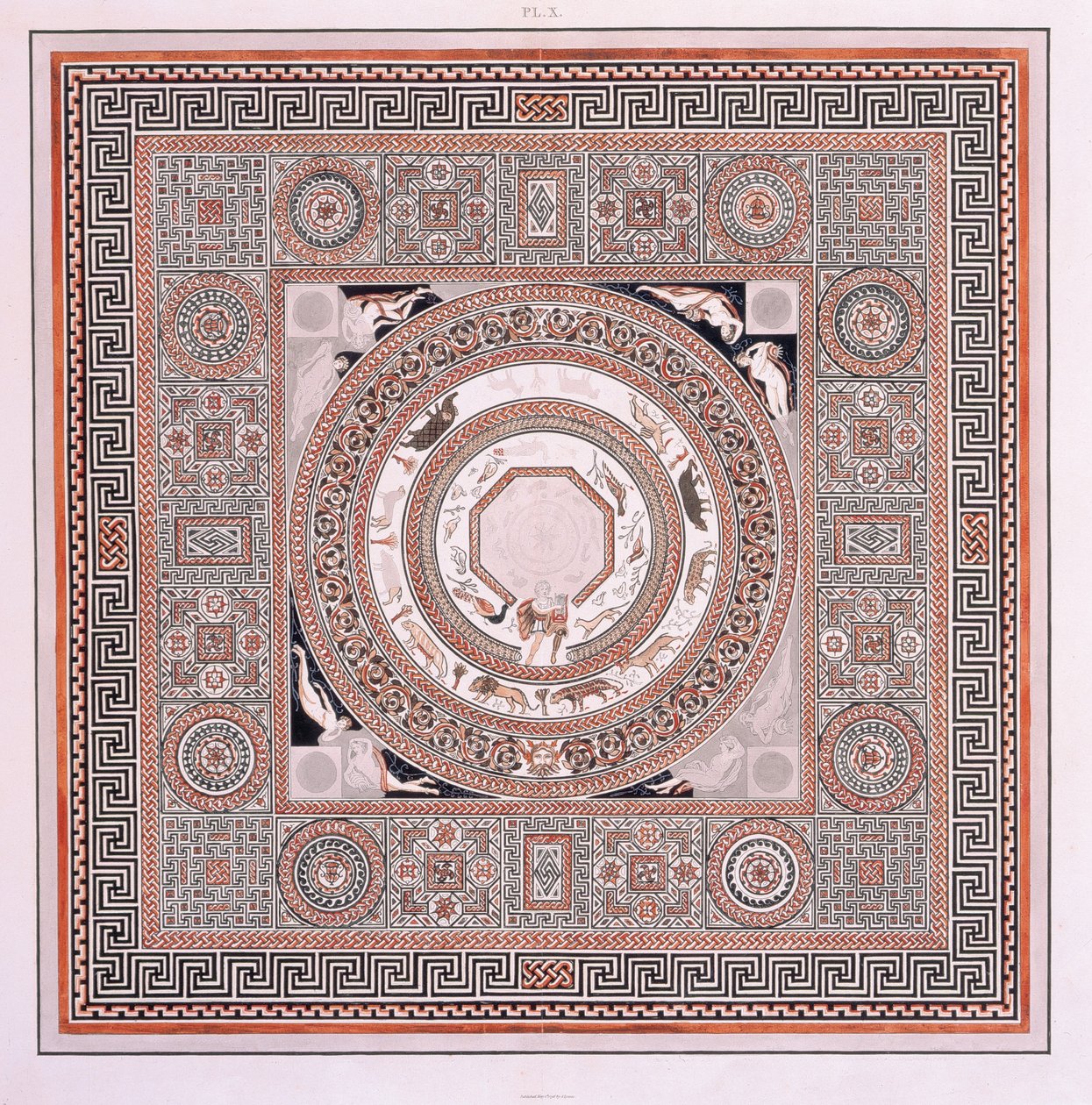 The Great Pavement: the Orpheus Mosaic' ved Woodchester Roman Villa av Robert and Lysons Samuel (after) Smirke