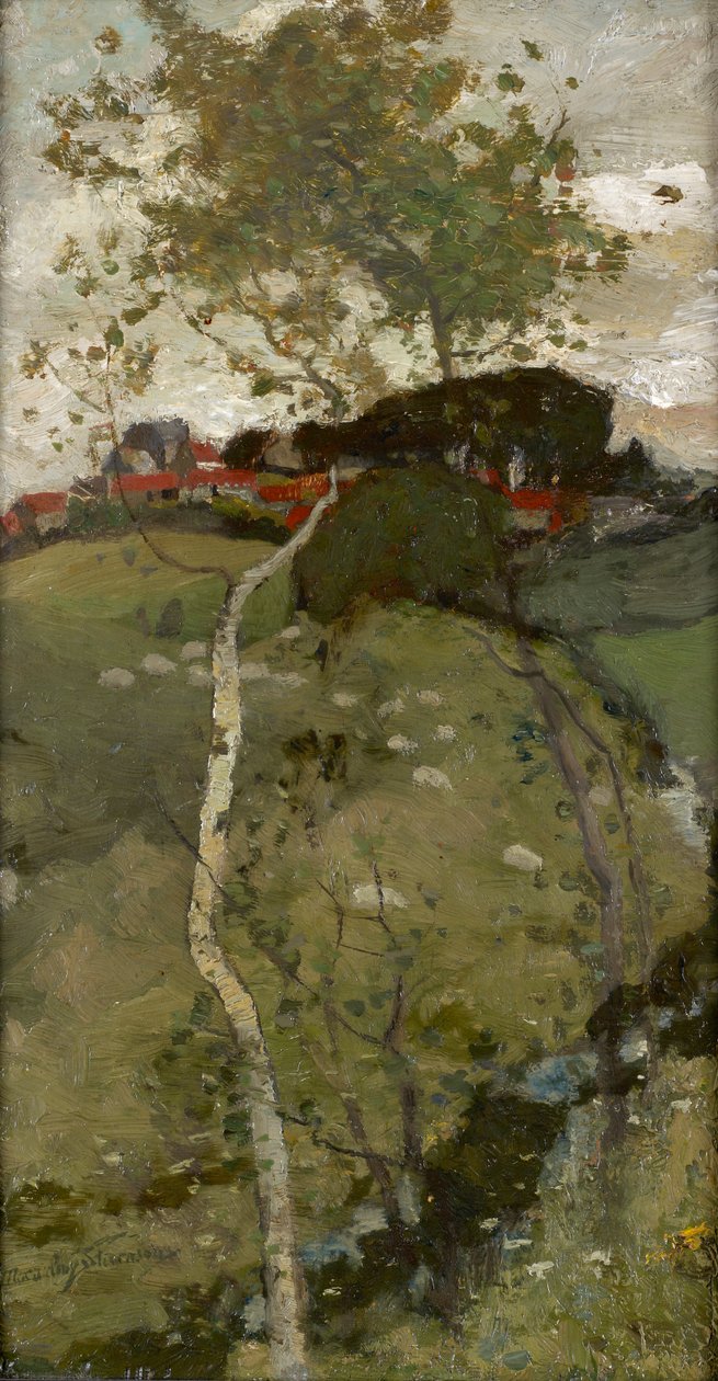 Village on a Hill - The Silver Birch (olje om bord) av Robert Macaulay Stevenson