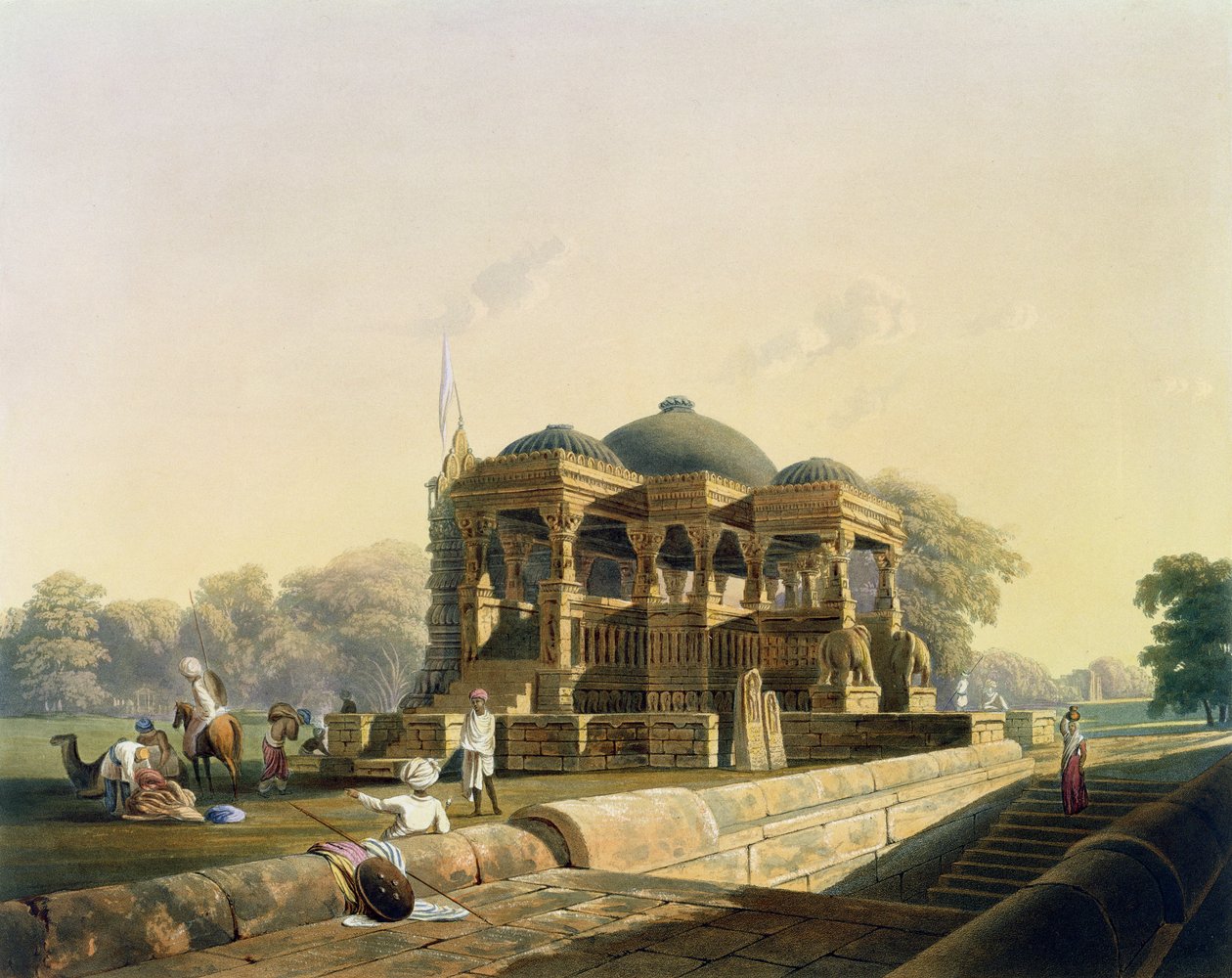 Ancient Temple at Hulwud, fra bind I av 'Scenery, Costumes and Architecture of India', malt av F. Witherington, gravert av G. Hunt og fargelagt av JB Hogarth, pub. av Ackermann, 1826 (akvatin av Robert Melville Grindlay