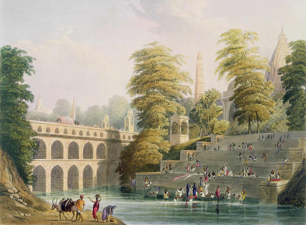 Utsikt over broen nær Baroda i Guzerat, fra bind II av "Scenery, Costumes and Architecture of India", etset av J. Willis og H. Melville, gravert av Charles Bentley (1806-54) pub. av Smith, El av Robert Melville Grindlay