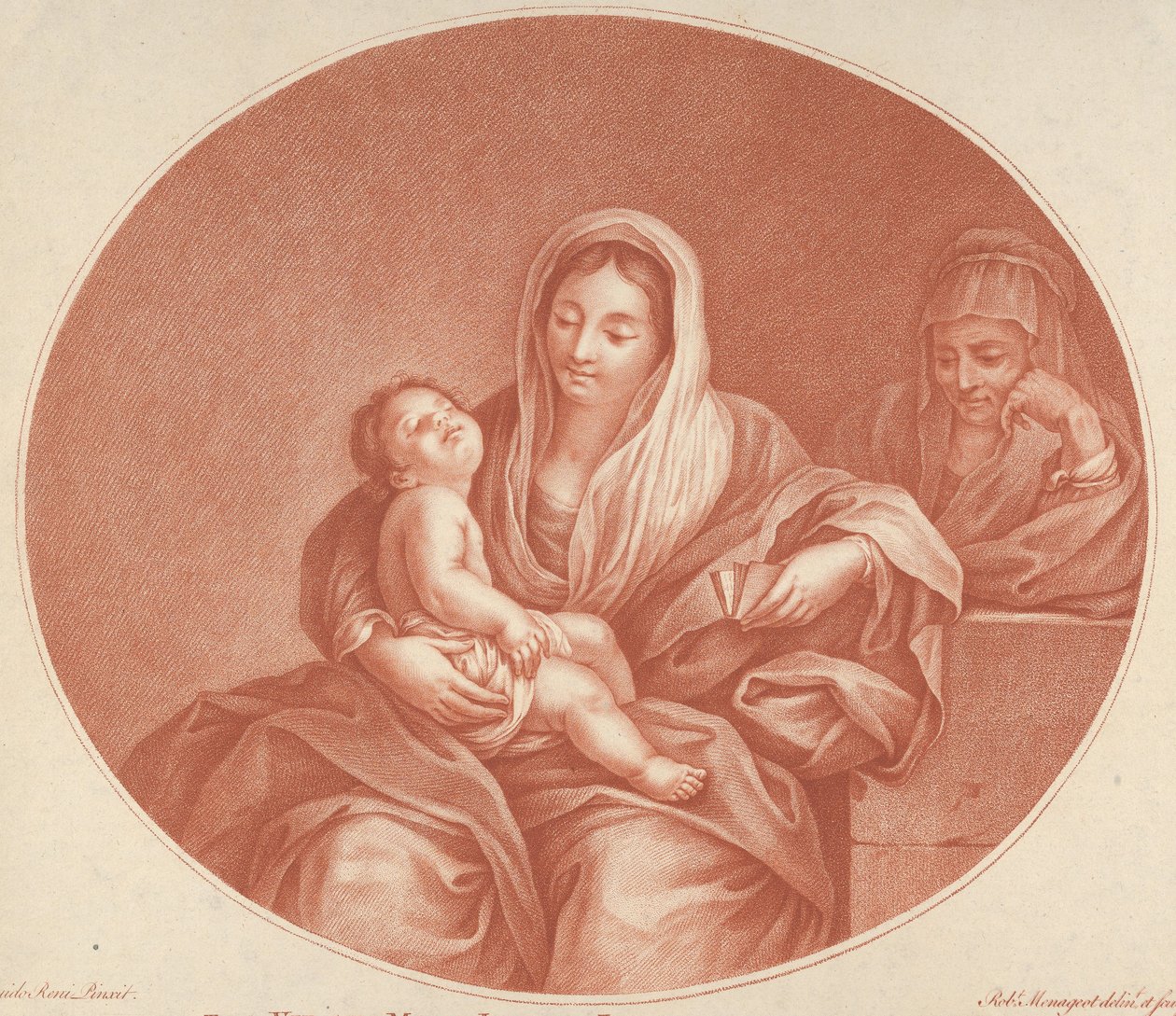 Jomfruen satt med spedbarnet Kristus sovende i fanget hennes, Saint Elizabeth til høyre, en..., 1776. av Robert Menageot