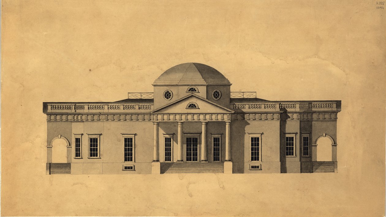 Monticello: 2. versjon vestlig høyde, recto, 1803 penn og blekk med wc på papir av Robert Mills
