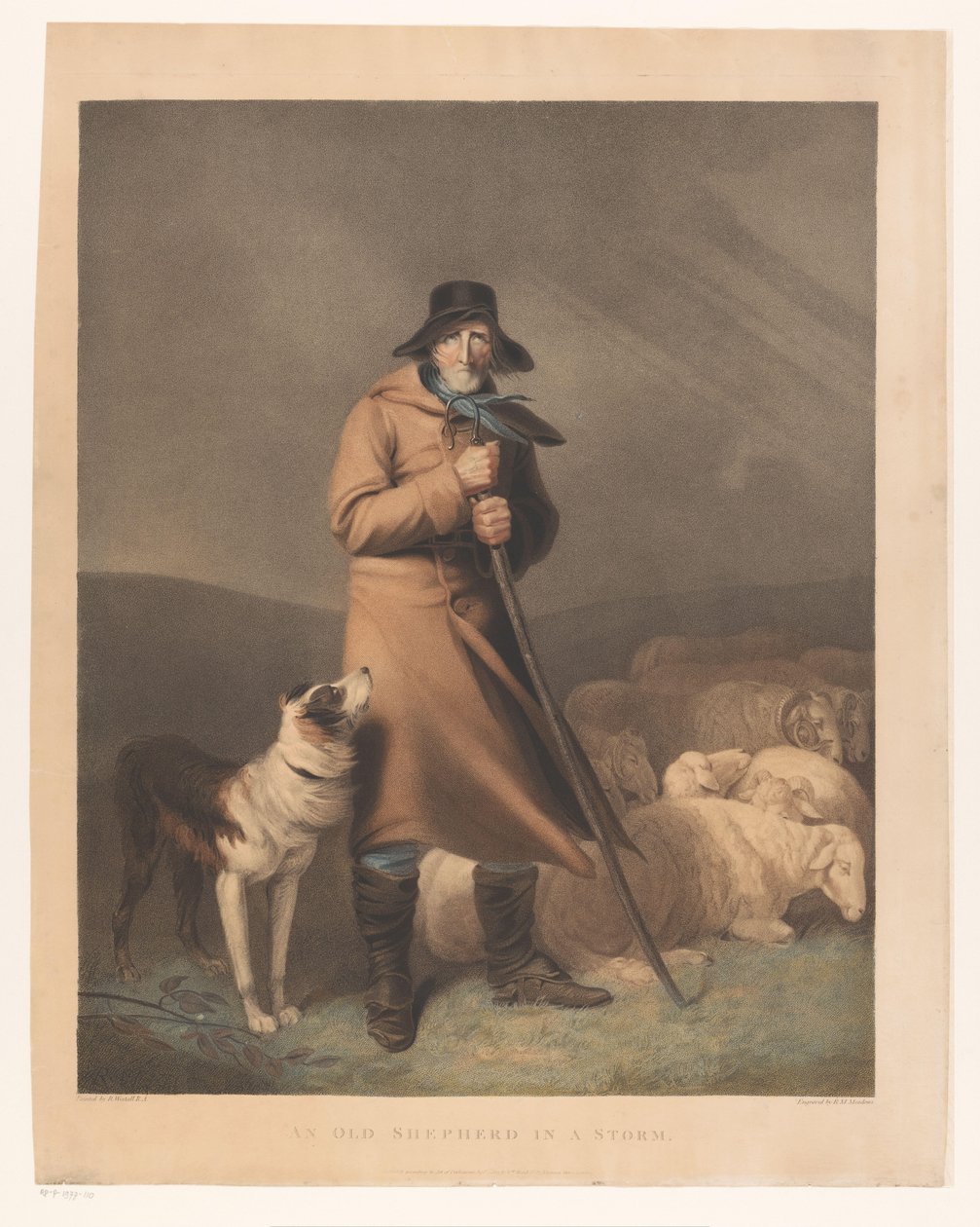 Hyrde med hunden og sauene En gammel gjeter i en storm (tittel på objekt) av Robert Mitchell Meadows