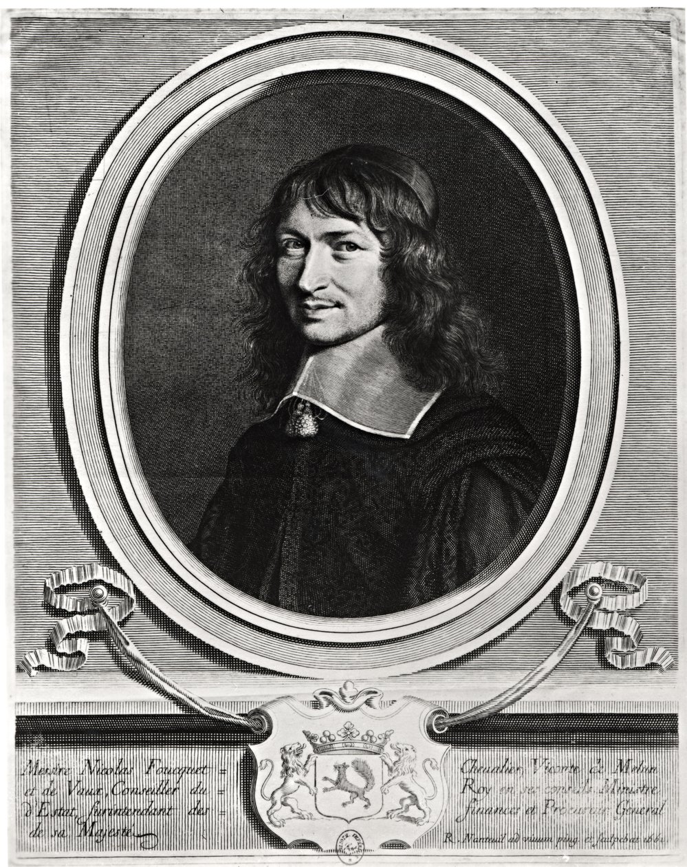 Portrett av Nicolas Fouquet (1615-80) 1662 (gravering) (s/hvitt foto) av Robert Nanteuil