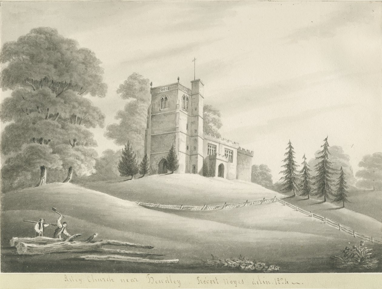 Arley Church: sepia-tegning, 1824 av Robert Noyes