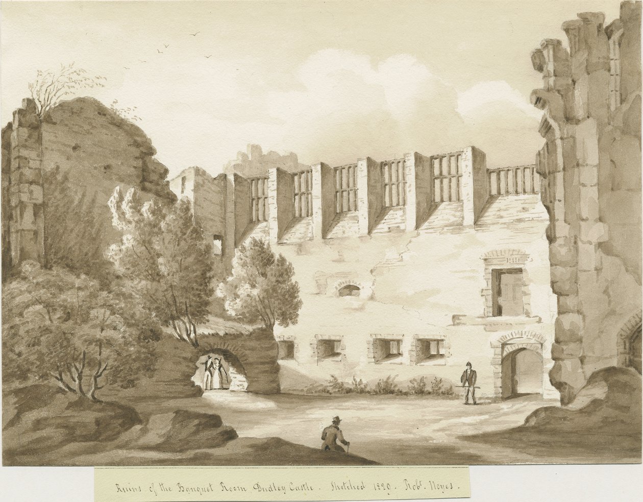 Dudley Castle - The Keep: sepia-tegning av Robert Noyes