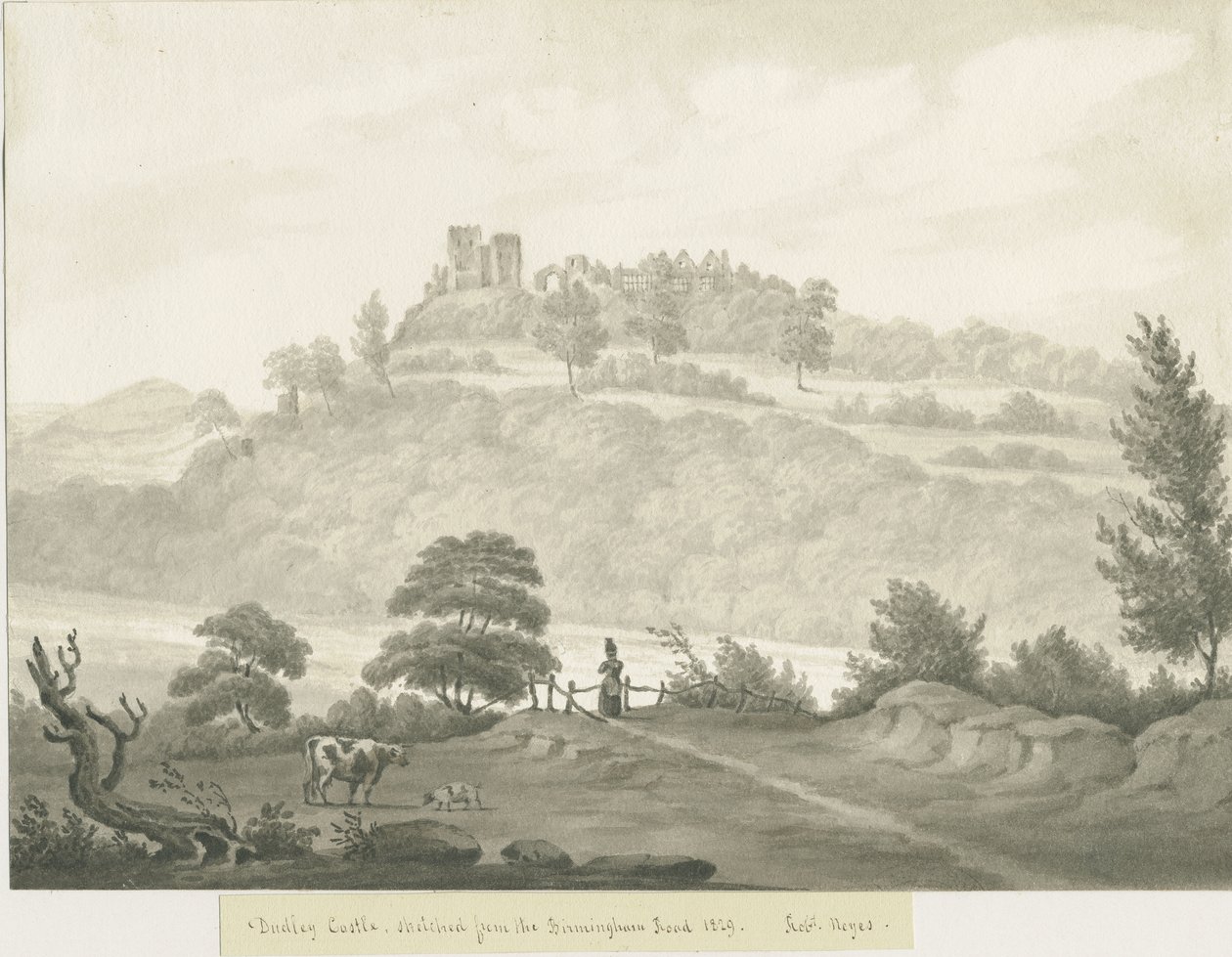 Dudley Castle: sepia-tegning av Robert Noyes