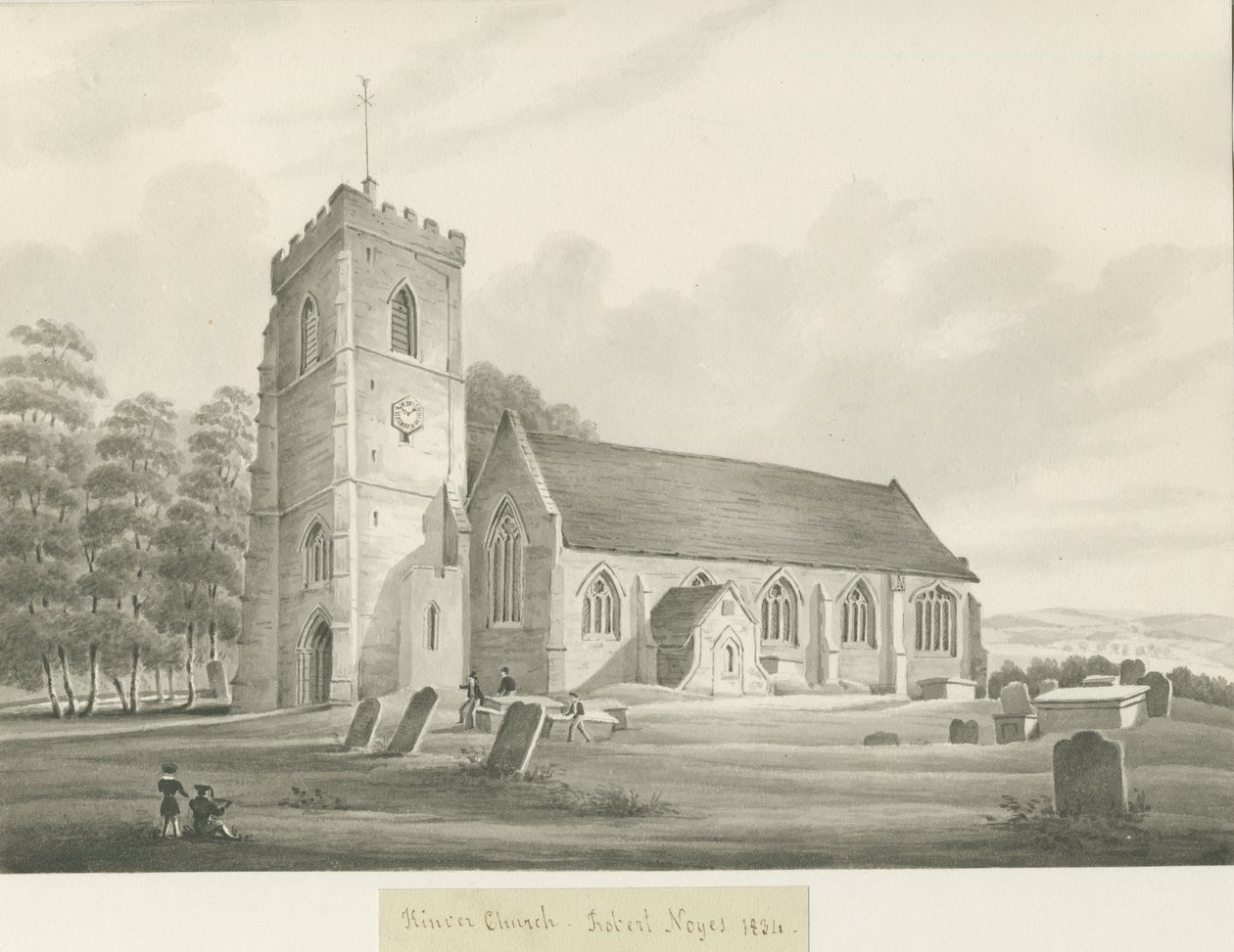 Kinver kirke: sepia tegning av Robert Noyes