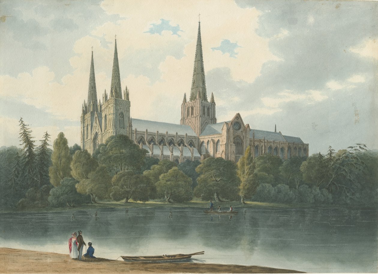Lichfield Cathedral - South West View: vannfargemaleri, juli 1824 (maleri) av Robert Noyes