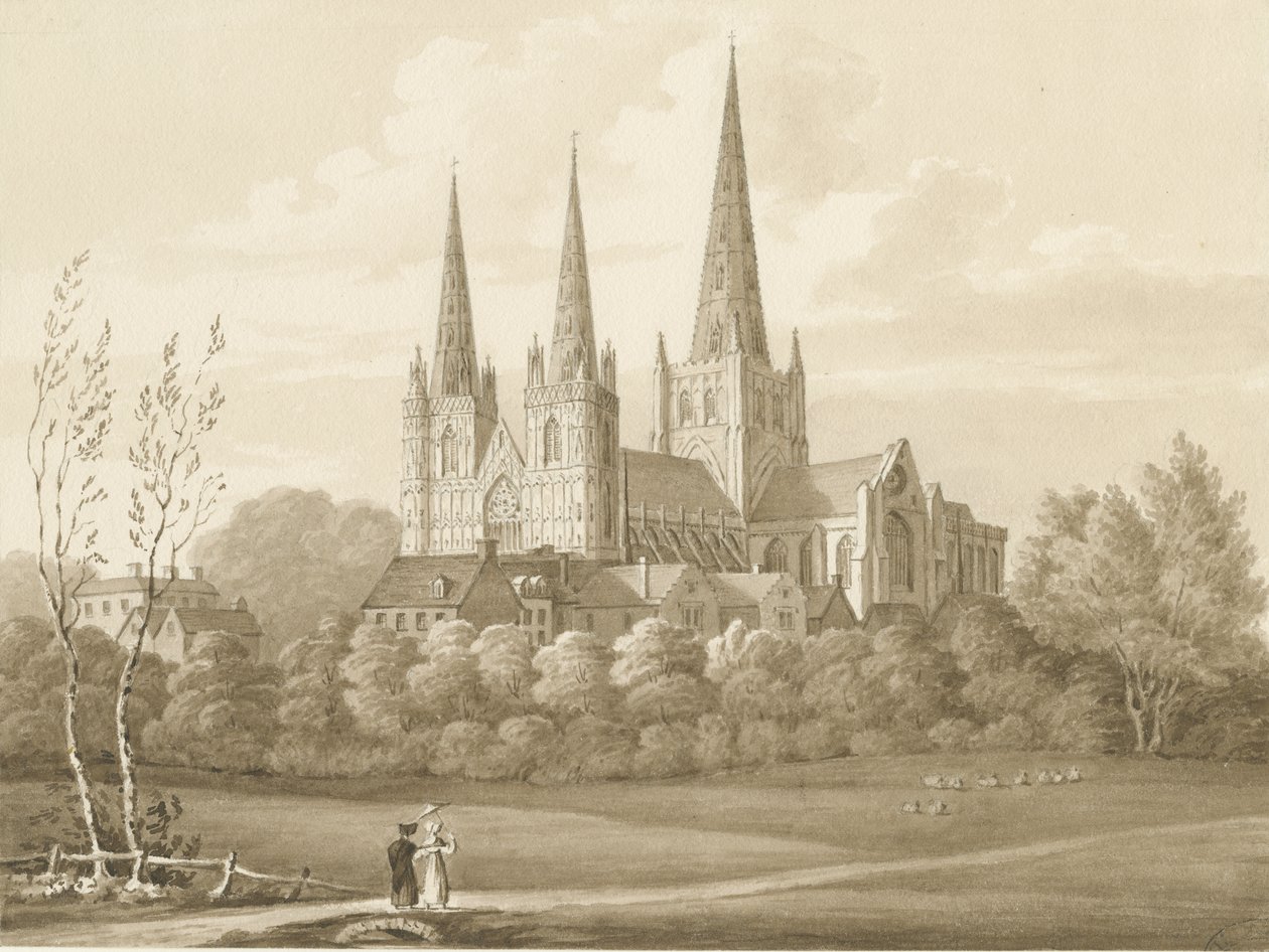 Lichfield Cathedral - West South West View: sepia-tegning av Robert Noyes