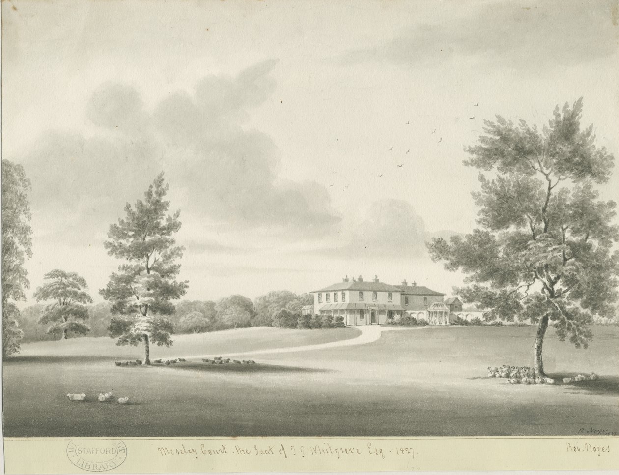 Moseley Court: sepia vasketegning, 1837 av Robert Noyes