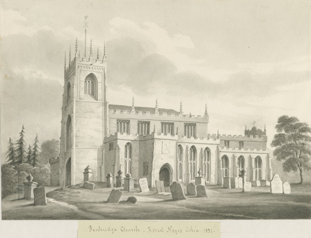 Penkridge Church: sepia vasketegning, 1831 av Robert Noyes