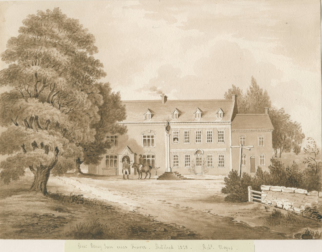 Stourton - "Stew Poney Inn nær Kinver": sepia vasketegning, 1828 av Robert Noyes