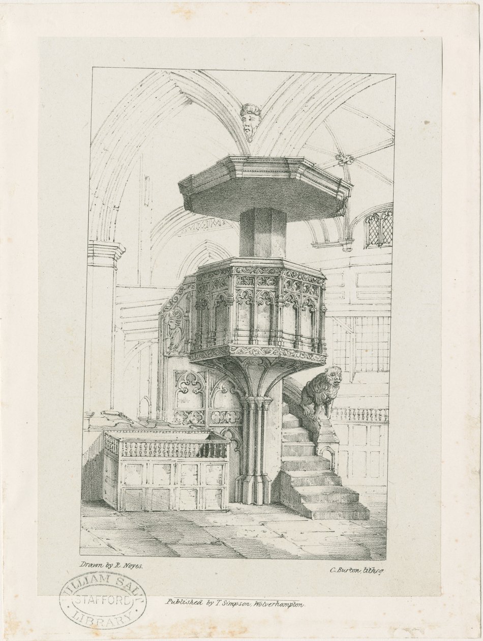 Wolverhampton - Prekestol i St. Peters kirke: litografi, nd [c 1844] (trykk) av Robert Noyes