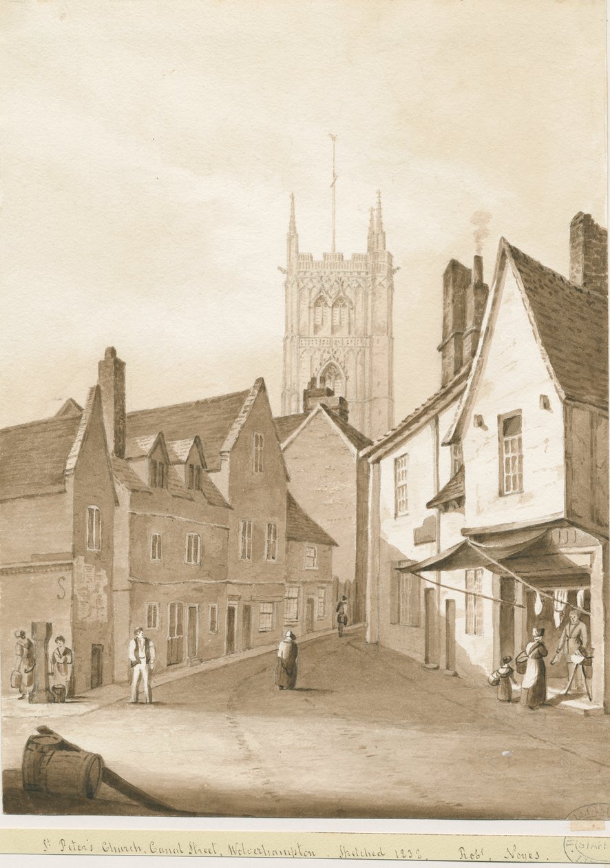 Wolverhampton - St. Peters kirke: sepia-tegning, 1838 av Robert Noyes