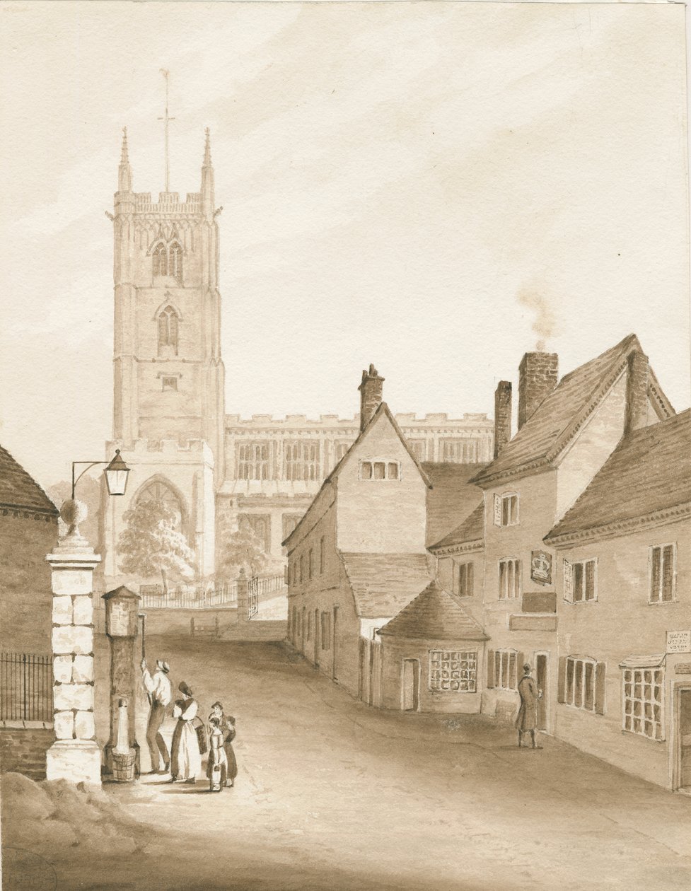 Wolverhampton - St. Peters kirke: sepia-tegning, 1838 av Robert Noyes