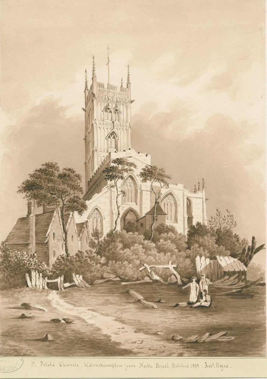 Wolverhampton - St. Peters kirke: sepia-tegning, 1838 av Robert Noyes