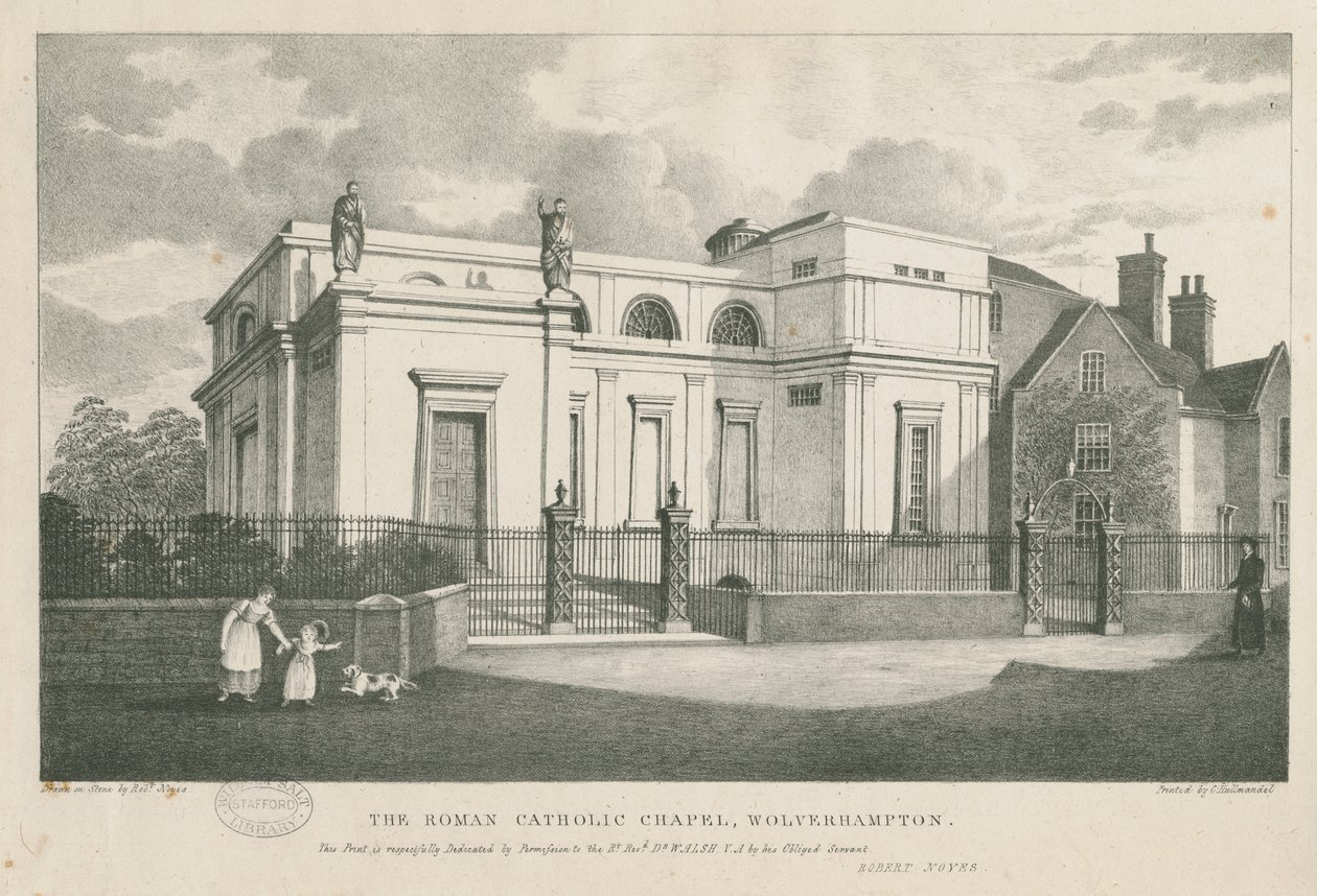 Wolverhampton - Det romersk-katolske kapell: litografi, nd [c 1844] av Robert Noyes