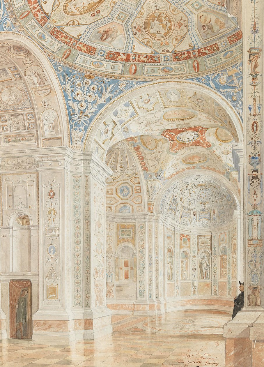 Interiør i Villa Madama med dekorasjoner av Giulio Romano og Baldassare Peruzzi, 1897. av Robert Oerley