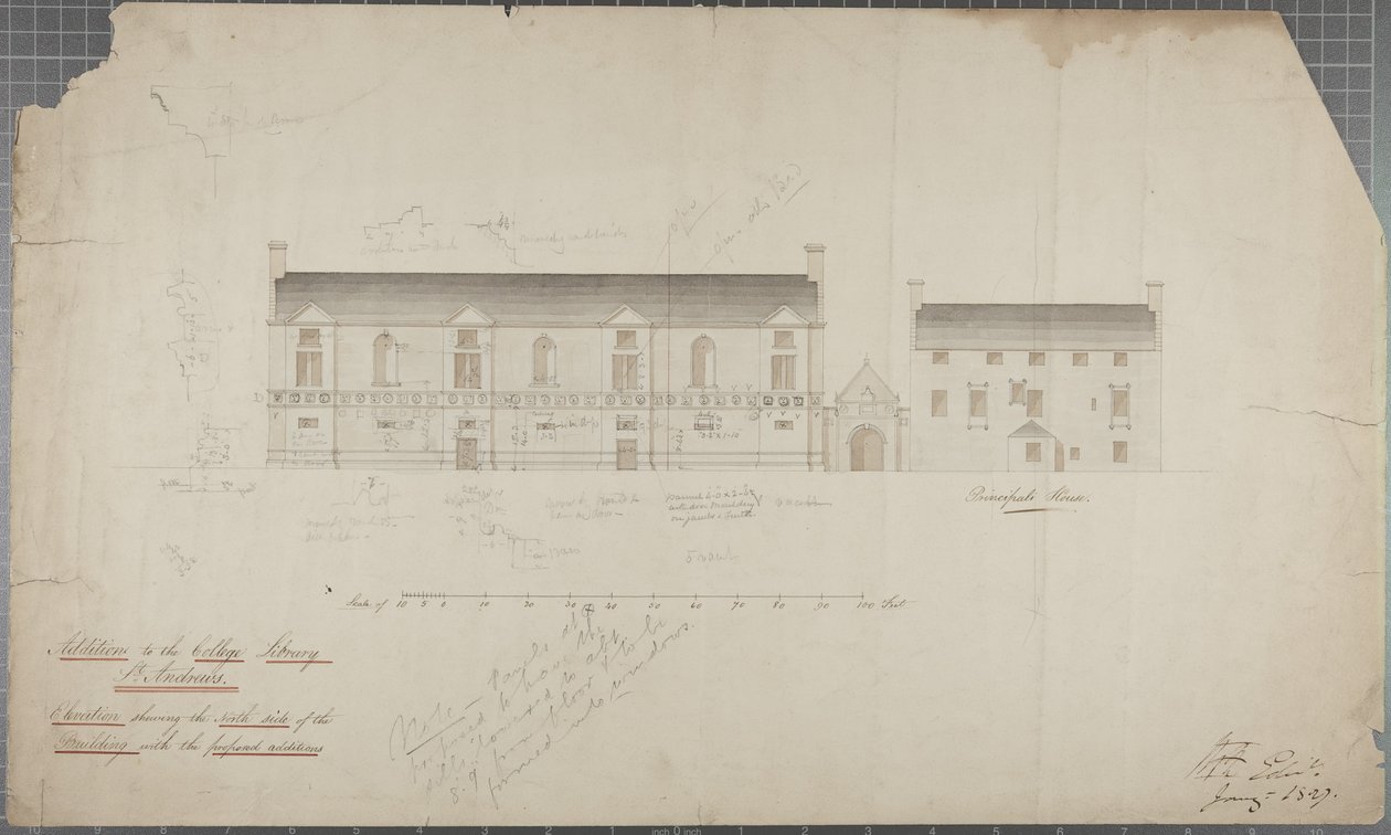 Arkitektonisk tegning av Universitetsbiblioteket, 1827 (blyant og wc på papir) av Robert Payton Reid