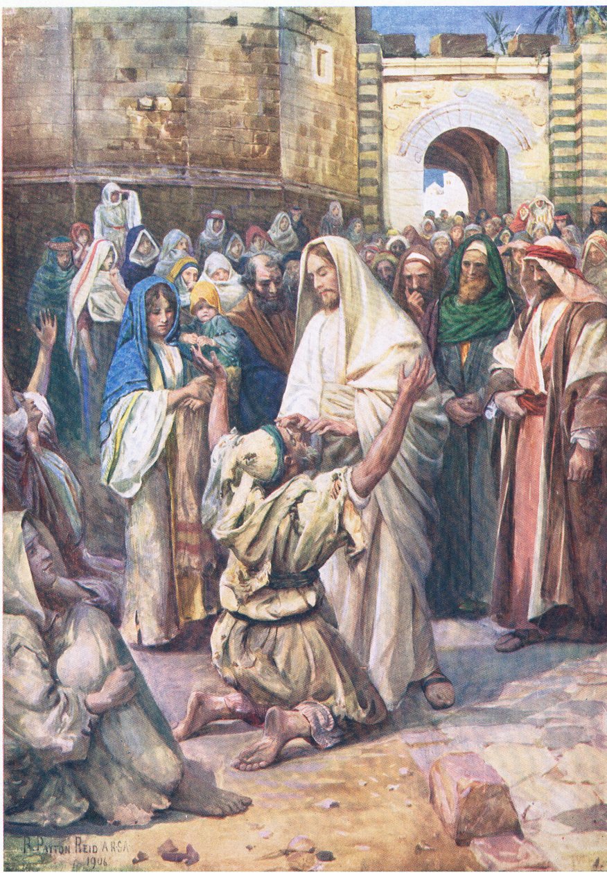 Blind Bartimaeus, fra The Bible Picture Book utgitt av Thomas Nelson, ca. 1950 av Robert Payton Reid
