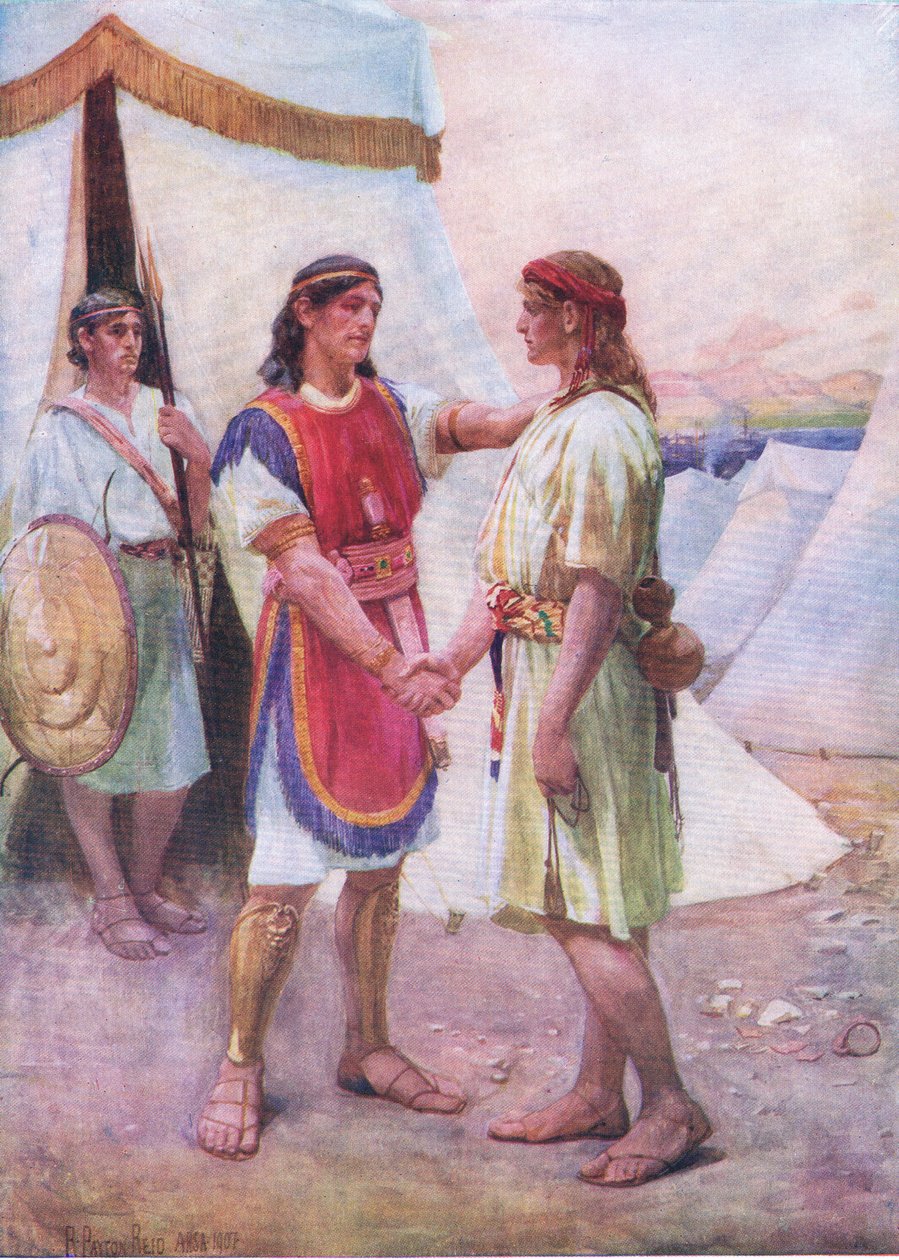 David og Jonathan, fra The Bible Picture Book utgitt av Thomas Nelson, ca. 1950 (litho) av Robert Payton Reid