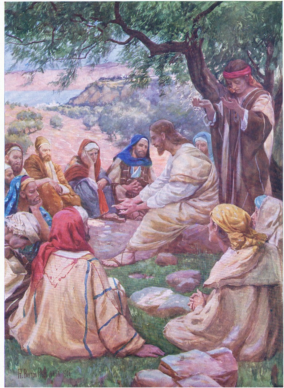 Jesus lærte disiplene sine å be, fra The Bible Picture Book utgitt av Thomas Nelson, ca. 1950 av Robert Payton Reid