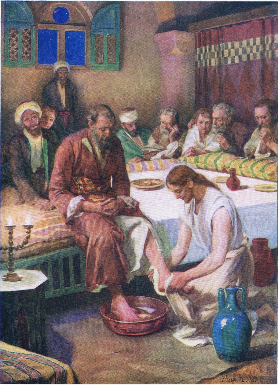 Jesus vasker disiplenes føtter, fra The Bible Picture Book utgitt av Thomas Nelson, ca.1950 av Robert Payton Reid