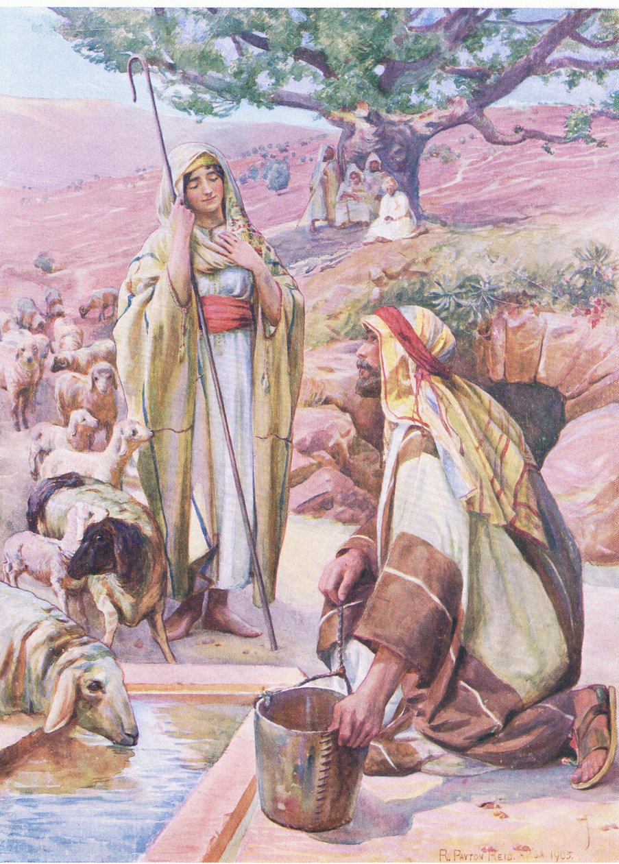Rachel ved brønnen, fra The Bible Picture Book utgitt av Thomas Nelson, ca. 1950 av Robert Payton Reid