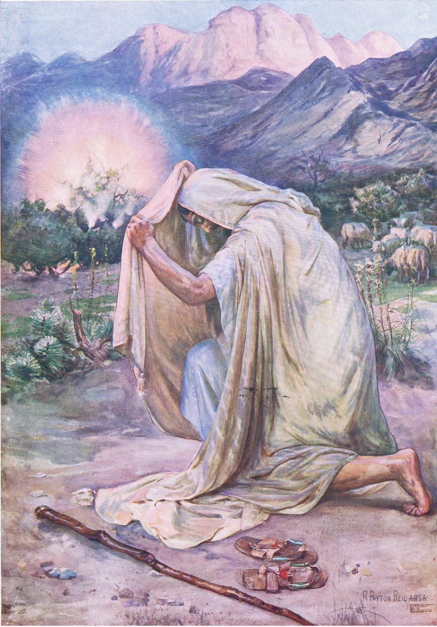 Den brennende busken, fra The Bible Picture Book utgitt av Thomas Nelson, ca. 1950 av Robert Payton Reid