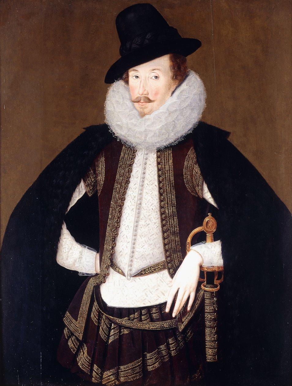 Portrett av Sir Charles Cornwallis, i en pelstrimmet svart kappe, hvit dublett og brun, gullbrodert vest, av Robert Peake