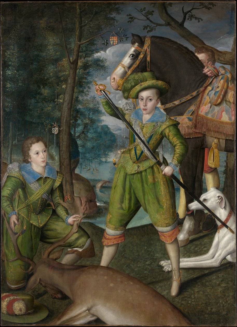 Henry Frederick (1594–1612), Prince of Wales, med Sir John Harington (1592–1614), i jaktfeltet av Robert Peake the elder