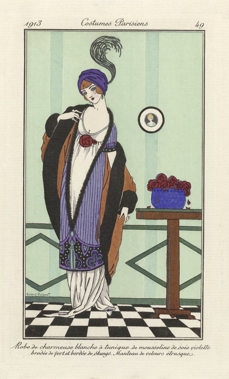 Hvit charmeuse kjole med lilla silke chiffon tunika brodert med grønt trimmet med skunger. Etruskisk fløyelsfrakk, fra Costumes Parisiens, pub.1913 (stensiltrykk) av Robert Pichenot