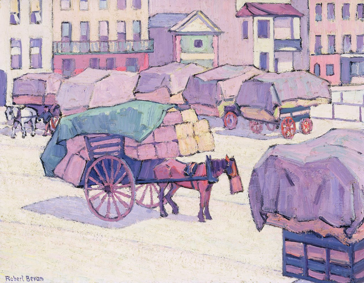 Hay Carts, Cumberland Market (olje på lerret) av Robert Polhill Bevan