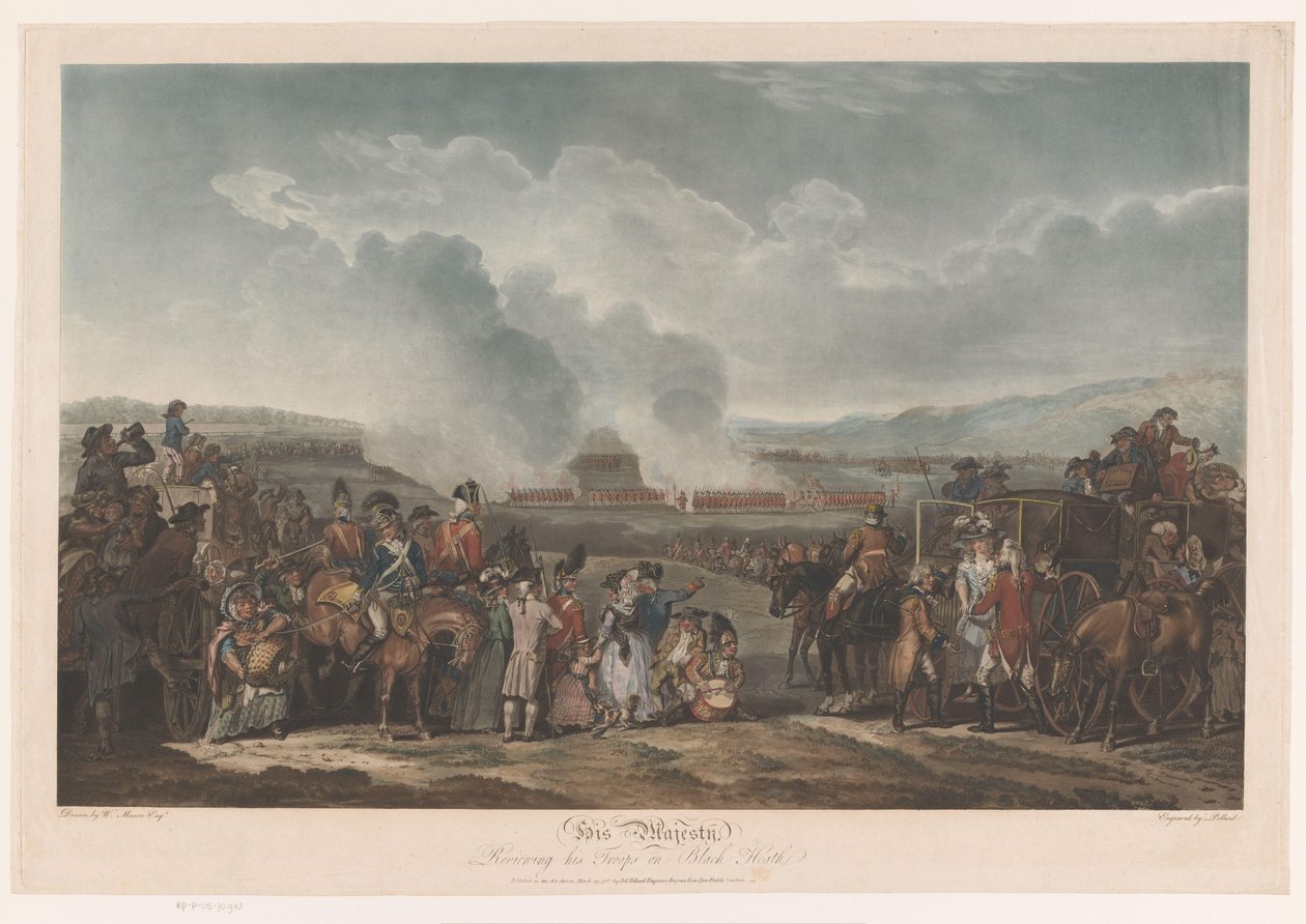George III anmelder troppene sine ved Blackheath Hans Majestet, og anmelder troppene sine på Black Heath (tittel på objekt) av Robert Pollard (I)