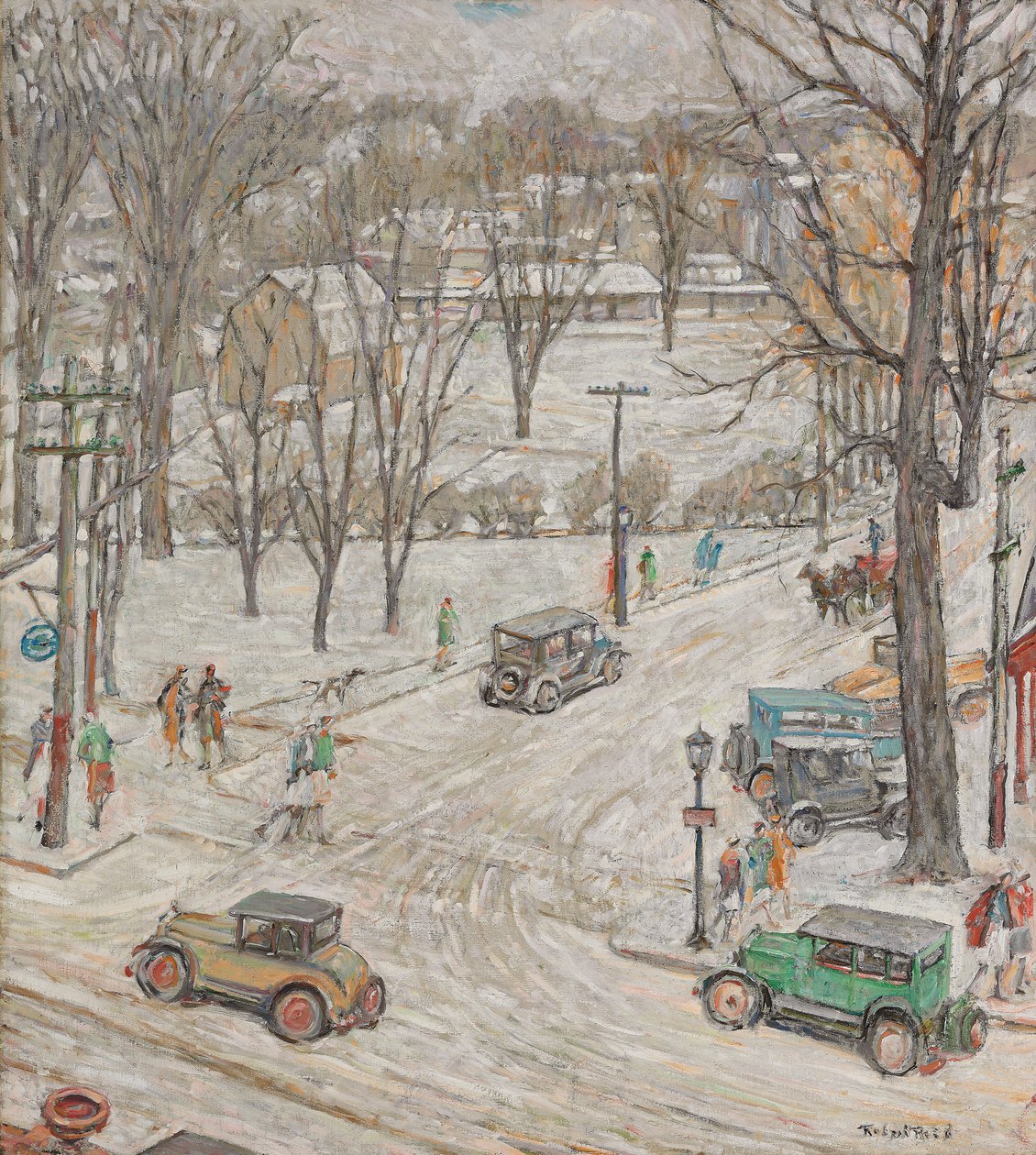 Gatescene om vinteren (olje på lerret) av Robert Reid