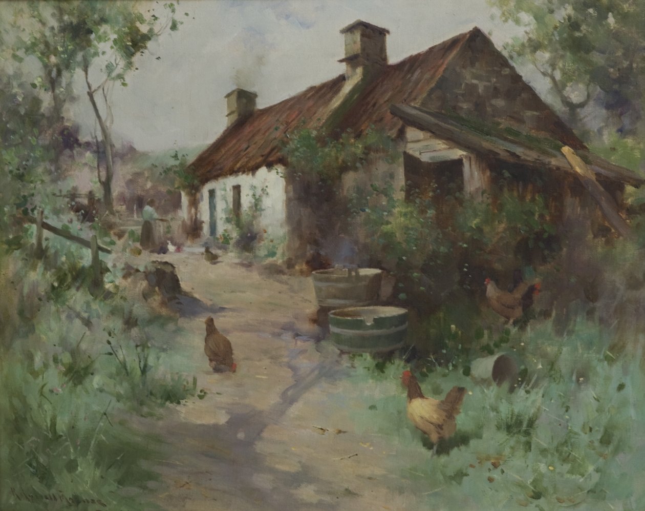 Bothy med fjærkre (olje på lerret) av Robert Russell MacNee