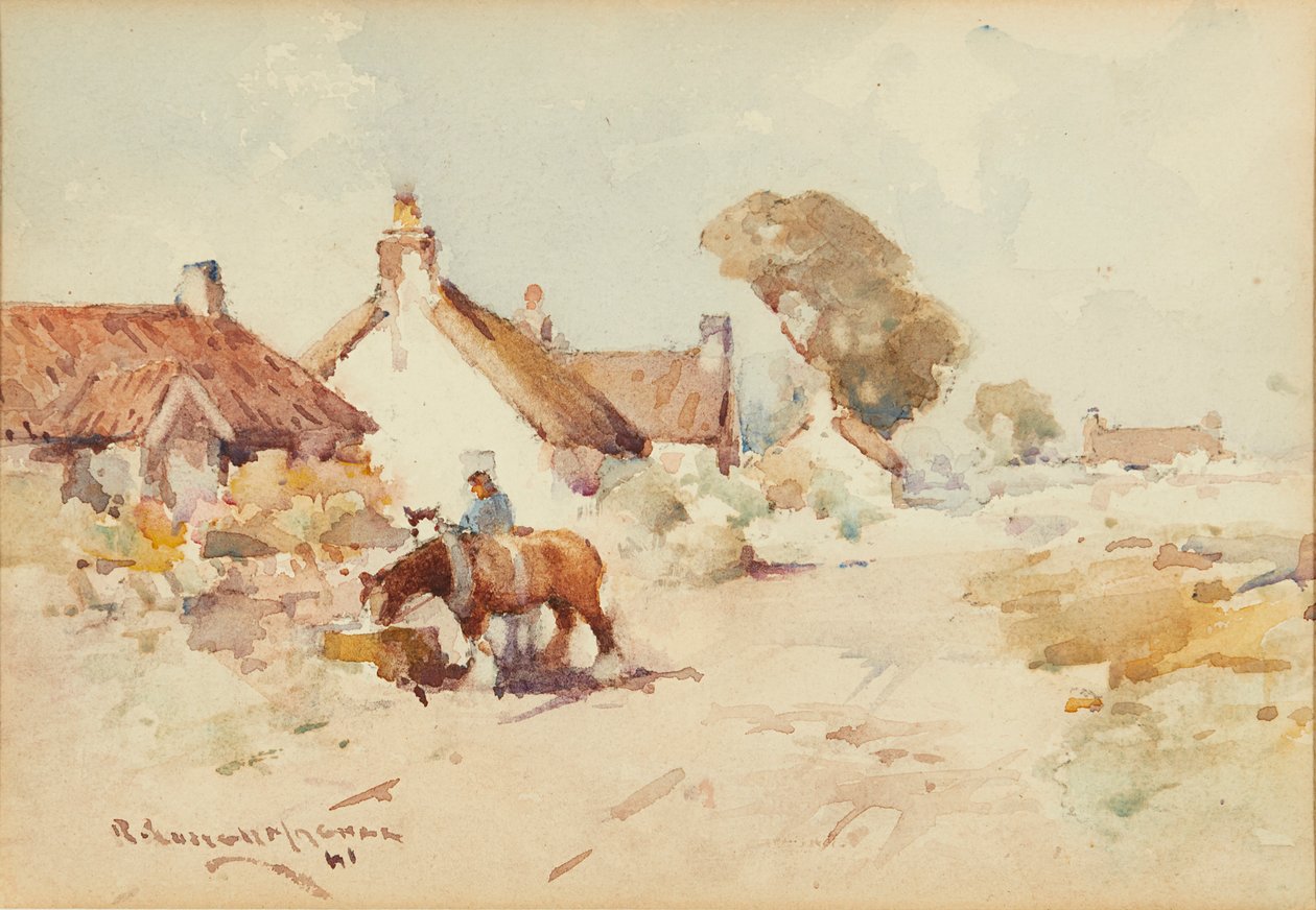 Hest og vogn (akvarell) av Robert Russell MacNee