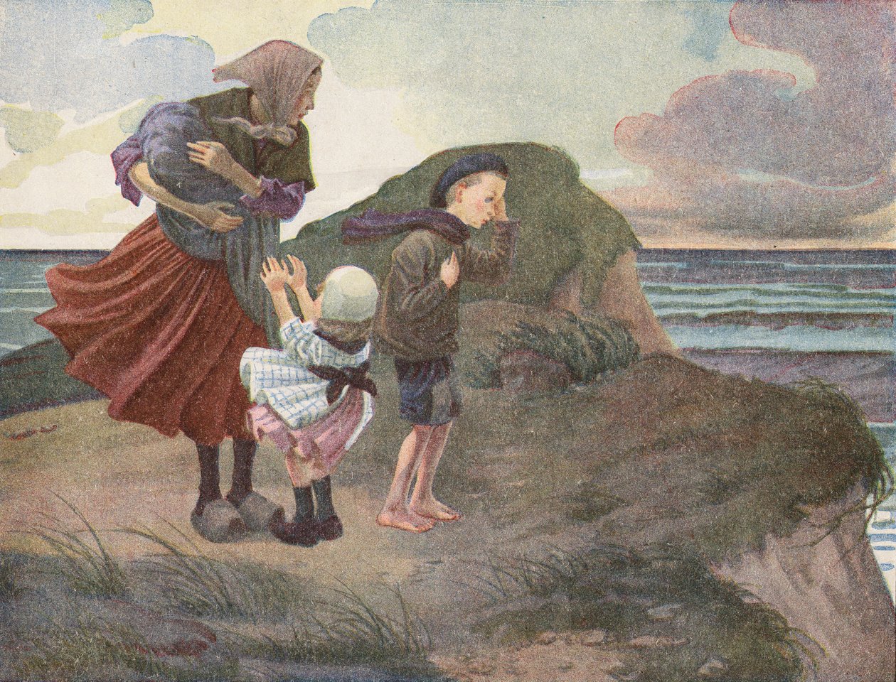 En fiskerfamilie venter spent på hans hjemkomst før en storm kommer (fargelitografi) av Robert Salles