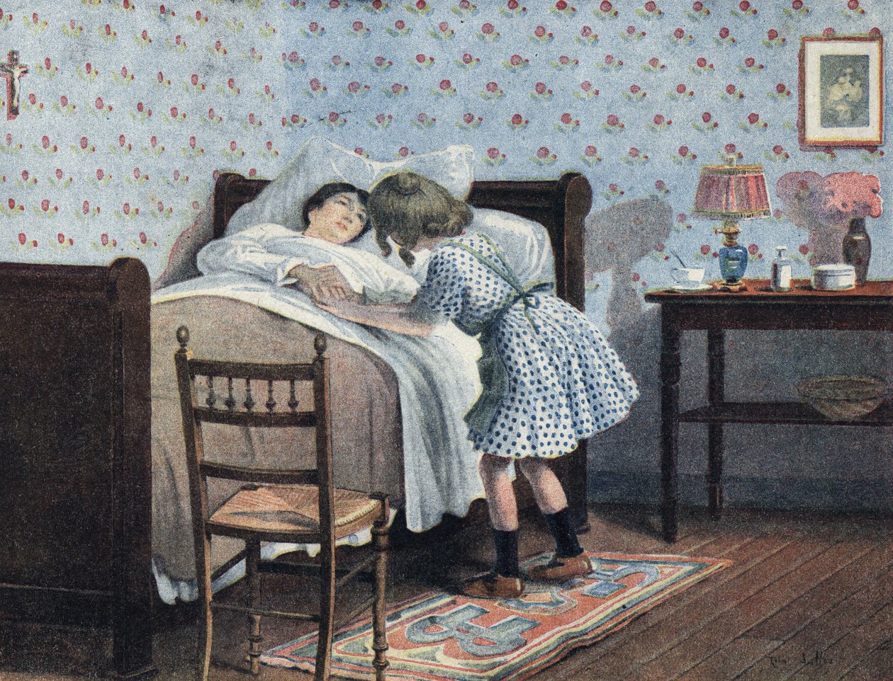 En liten jente ved sengen til sin syke mor venter på krigen. Illustrasjon av Robert Salles (1871-1929) i "" Je sais Lire"". av Robert Salles