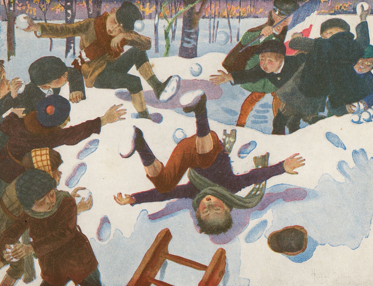 En snøballkrig (fargelitografi) av Robert Salles