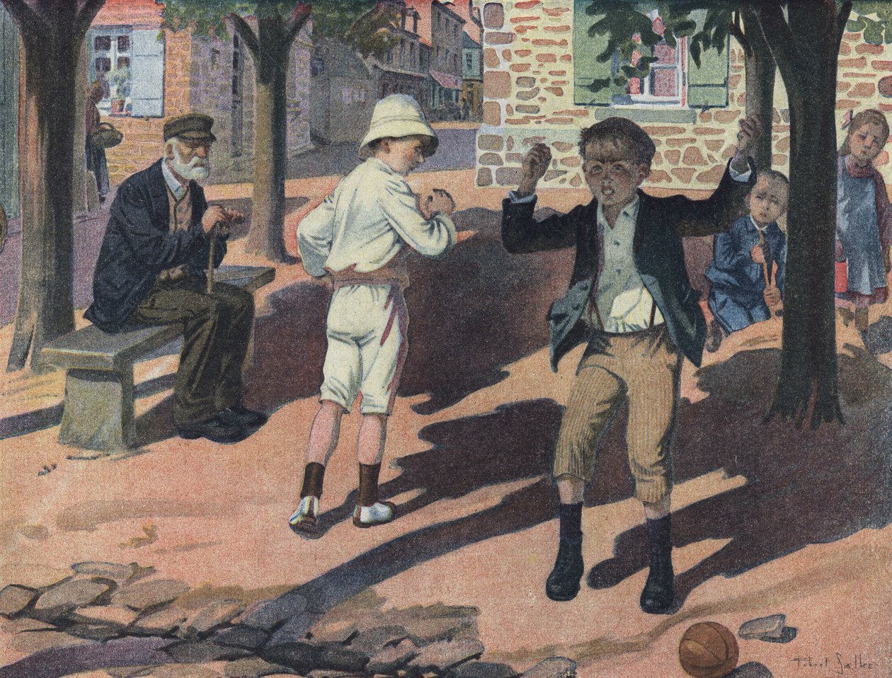 En ung gutt blir sint under et spill med kameratene (dårlig spiller). Illustrasjon av Robert Salles (1871-1929) i "" Je sais Lire"". av Robert Salles